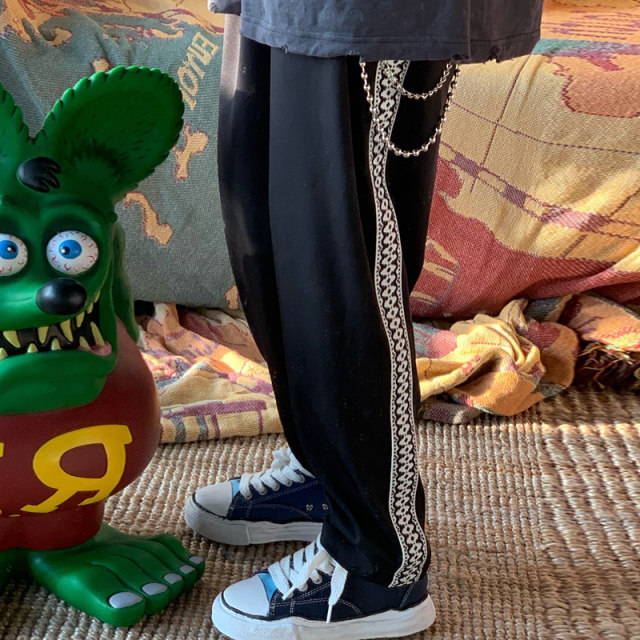 NOCANDO original retro street casual loose stitching pattern ribbon drape straight casual trousers NOCANDO original retro street casual loose stitching pattern ribbon drape straight casual trousers