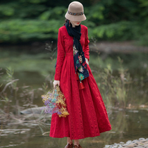 Yingru ethnic style red cotton and hemp autumn dress Womens literature and art retro autumn and winter knee-length dress shows thin temperament