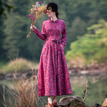 Yingru national style womens linen floral dress winter long retro waist thin temperament long dress autumn and winter models