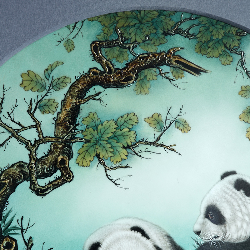 Jingdezhen porcelain plate painting panda rectangular solid wooden frame, hang a picture to the sitting room sofa study porch decoration in the background