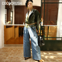 COCOCRUSH Spring new retro to make old hair side strap wide leg high waist jeans Women loose