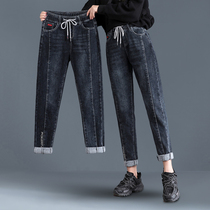 Fat mm winter 2021 New elastic waist high waisted size plus velvet wearing Harlan jeans daddy pants women