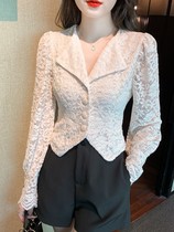 French high-end lace top womens 2022 spring and autumn new fashion slim short top design chic shirt
