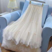 High-end a-word irregular high-waisted gauze skirt womens 2022 summer new Korean version fashionable double-sided mesh skirt