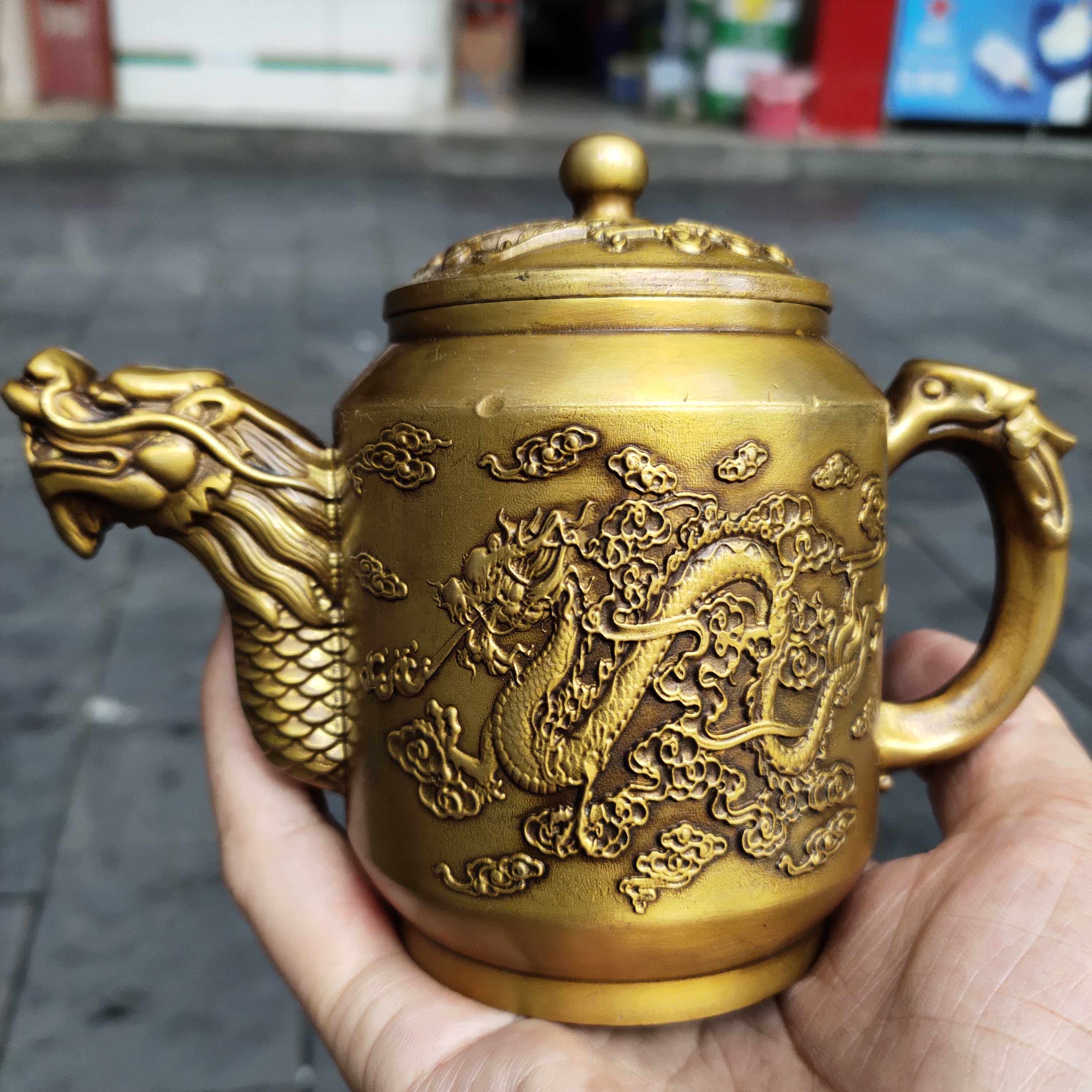 古玩铜器收藏 黄铜龙凤龙嘴茶壶酒壶 包浆润泽家居茶道工艺品摆件