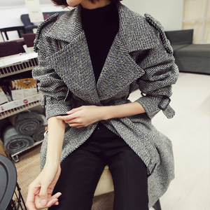 Winter new woolen Chiffon Plaid medium length lace up fashion style ol coat