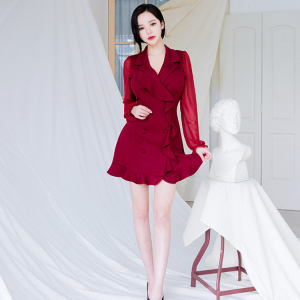 2020 spring new Korean elegant ear edge deep V-Neck long sleeve dress