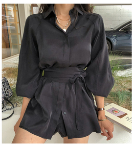 Two piece lace up shirt with waistband and wide leg shorts