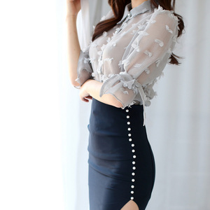 Sexy mesh perspective three-dimensional Flower Chiffon shirt