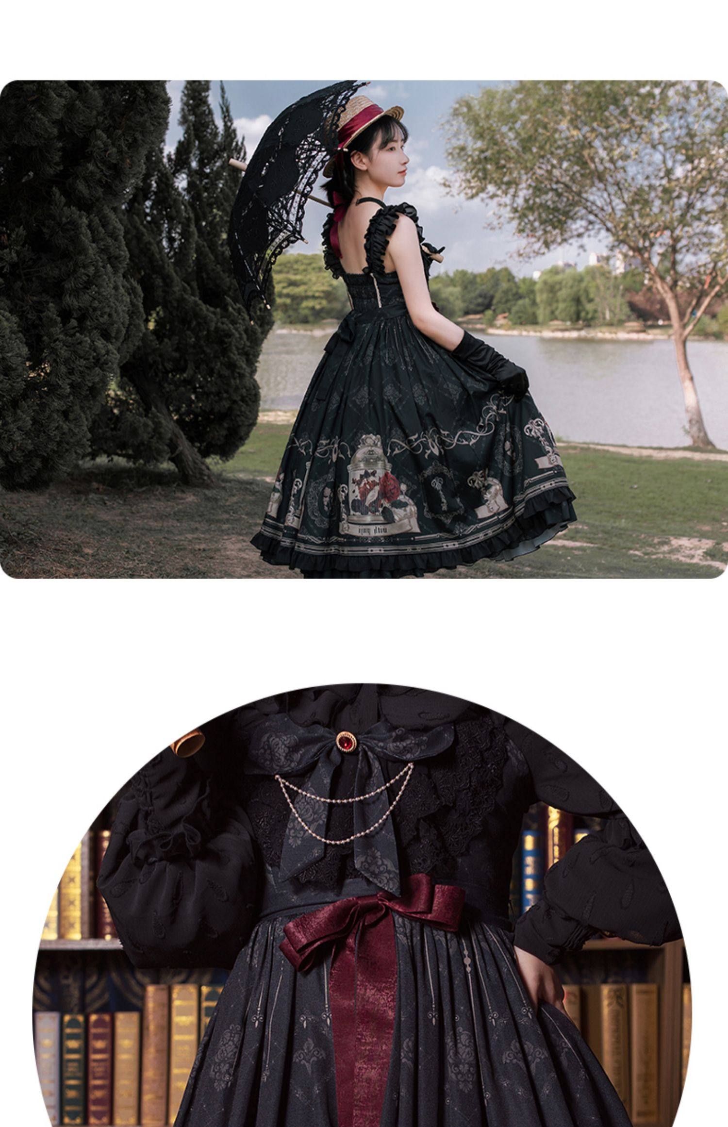 夜莺与玫瑰jskwithpuji原创设计lolita洋装cla系印花鸟笼柄夏