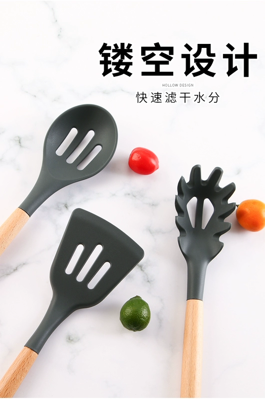 Bộ đồ dùng nhà bếp silicone cấp thực phẩm của Đức Bộ thìa súp chịu nhiệt độ cao nấu ăn thìa đũa chống dính tay cầm bằng gỗ đầy đủ bộ gia dụng - Phòng bếp