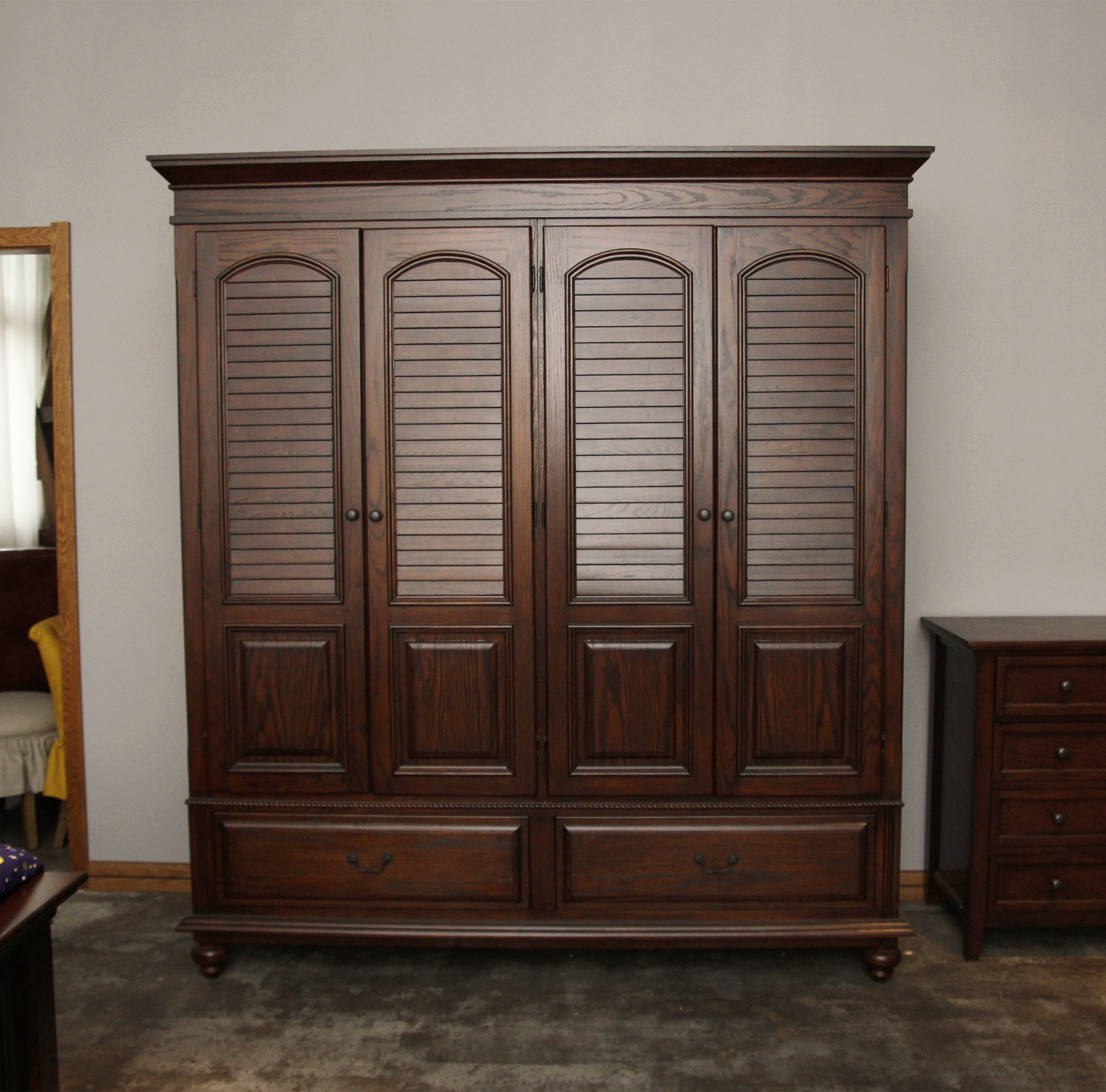 美式乡村全实木衣柜四门复古橡木整体大衣橱百叶门4门衣柜