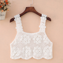 Wide shoulder strap sling womens summer short knitted small vest sexy versatile small waistcoat shoulder outside hook flower hollow vest