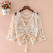 With suspender skirt small coat summer hook flower hollow drawstring short top thin lace shawl womens exterior with skirt