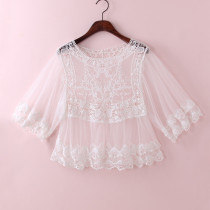  Lace small jacket thin short fairy blouse summer long skirt with doll shirt loose mesh western style top female