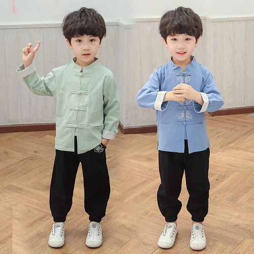 Boys Tang Suit for Kids Boys' Tang costume Chinese wind spring long sleeve suit boy old style children cotton hemp Tang suit children's Han suit