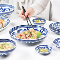The whole dish set household ceramic Japanese imported blue seaweed hand drawing simple set of tableware rice dishes