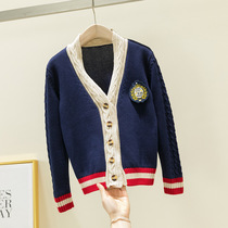 Girl boy boys cardiovert sweater jacket 2021 new spring autumn winter Korean version pure cotton elementary school woolen sweater school uniform