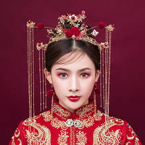 Chinese wedding handmade red pompom show headdress ancient dress hair accessories Bride wedding retro court accessories women