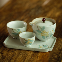 Jingdezhen fast guest Cup one pot two cups single set Ru kiln coarse pottery hand-painted loquat ceramic kung fu tea set gift