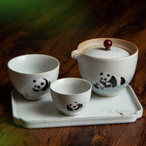 Chinese style fast guest Cup one pot and two cups set Ru kiln coarse pottery hand-painted panda ceramic kung fu tea set gift