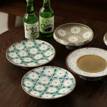 Jingdezhen original hand-painted coarse pottery high foot fruit plate pastoral style retro round dish cake fruit plate