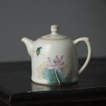 Quaint Ru kiln open hand-painted Lotus bird filter kung fu tea set household teapot Jingdezhen bubble teapot can be raised