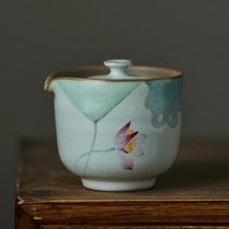 Jingdezhen hand-painted Lotus kung fu teapot quaint pottery Ru kiln open piece hand-grabbing pot big teapot