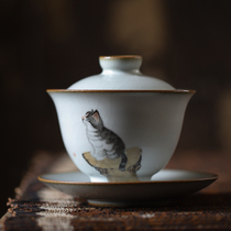 Pure handmade Ru kiln open ceramic hand-painted cat kung fu tea bowl literary youth tea Japanese Cup Bowl