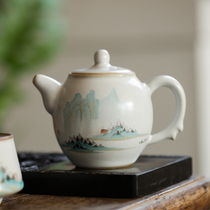 Jingdezhen full hand-painted antique ceramic Green Landscape Teapot kung fu tea set Ru kiln open film can raise bubble teapot