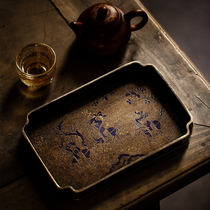 Fan Yue pure hand-painted brass antique pot Cheng Song-style charcoal-burned bark pattern old pot pad tea tray