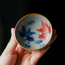 Jingdezhen firewood hand-painted goldfish kung fu tea retro open blue and white tea cup tea tea master Cup cup tea bowl tea cup tea cup