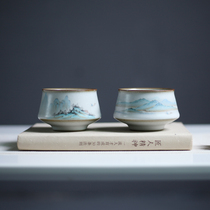 Jingdezhen hand-painted green mountains and green water Tea Master Cup large tea cup New color ceramic kung fu Ru kiln open piece Single Cup