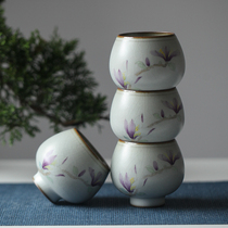 Pure hand-painted elegant Ru kiln open piece purple magnolia large kung fu ceramic tea cup master tea cup smelling fragrant cup