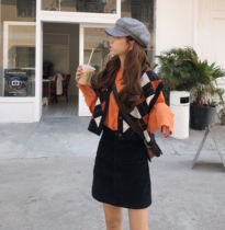 Berry like you and happy big Pang custom knock on Korean short vest cardigan knitted top diamond Plaid