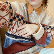Berry like you and happy big Pang custom simple brown pullover knit sweater retro color split loose sweater women