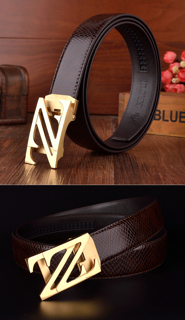 卡牧驰皮带男真皮双z字母自动扣皮带男防过敏不锈钢头层牛皮腰带