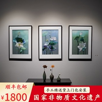 Su embroidery finished hanging painting living room with frame triple decorative painting lotus oil painting modern pure hand embroidery Chinese ancient style