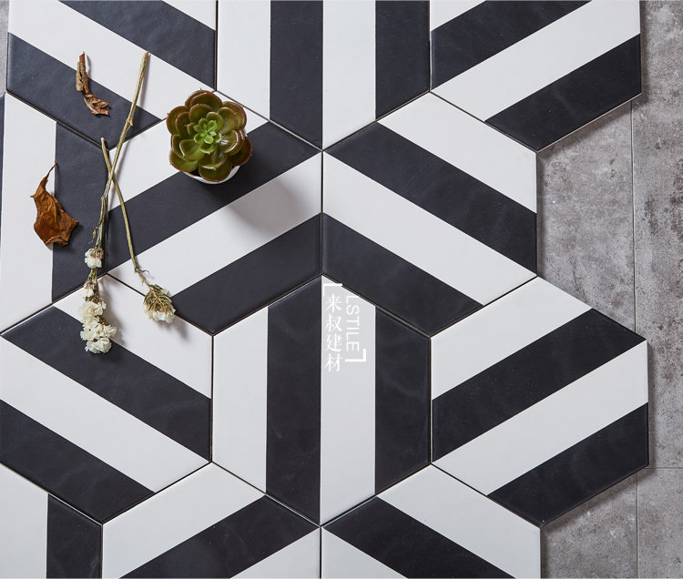 来叔全瓷手工手绘黑白六角砖花砖北欧背景墙瓷砖玄关入户阳台地砖