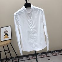 Stand collar shirt mens long sleeves Korean version of the trend handsome mens round neck white shirt casual Chinese style tunic tide