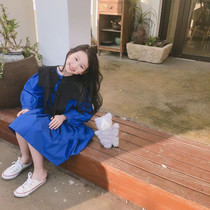 Korean childrens clothing 2021 spring and autumn new sweet two-piece set of false collar shirt in the big girl long-sleeved blue dress