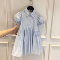 High-end custom girls dress 2022 summer style foreign celebrity style pearl short-sleeved cotton blue princess dress