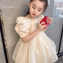 Korean childrens clothing girls high-end beige flower bud puffy dress 2021 summer new back-ties dress skirt