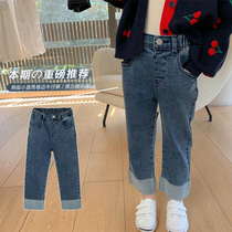 Girls small straight jeans Korean childrens clothes foreign gas baby 2021 spring wear new childrens casual long pants