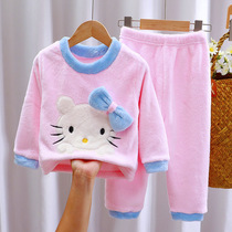 Cartoon cute childrens pajamas pajamas winter flannel new round neck warm home clothing boys and girls set