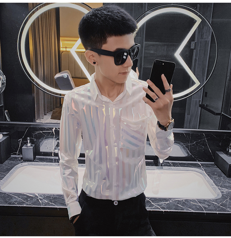 5秋长袖衬衫社会精神小伙亮色发型师个性潮男衬衣c301bcs32