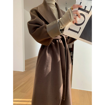 2021 autumn and winter large lapel retro Hepburn style wool woolen woolen coat high end medium and long double-sided cashmere coat women