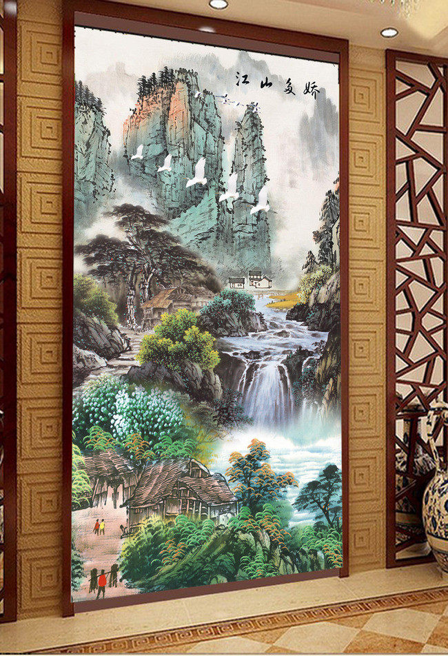 3d复古中式玄关壁画国画山水走廊过道背景墙纸无缝整张背胶壁纸_6折
