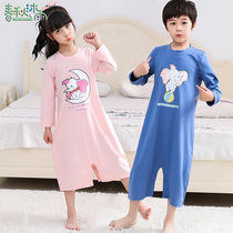 Childrens one-piece pajamas Night dress thin boys and girls middle and large childrens baby anti-kick and belly protection home clothes pure cotton summer