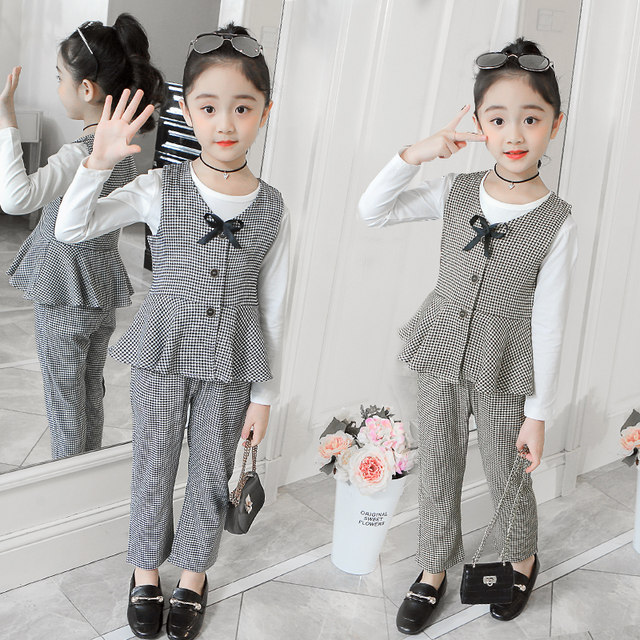 5 Girls Suit 2023 New Plaid 7 Western Style ຊຸດສາມສິ້ນຂອງເດັກນ້ອຍພາສາເກົາຫຼີ 8 ຂະຫນາດກາງແລະໃຫຍ່ເດັກນ້ອຍສົດ 9 Spring and Autumn Style 10